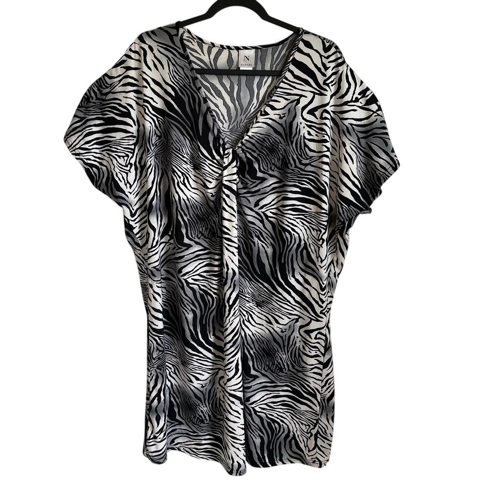 Natori Zebra Print Caftan Tunic Dress Sz L Short Sleeves V-Neckline Resort Beach